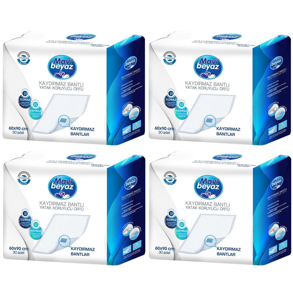 Mavi Beyaz Yetişkin Alt Açma Yatak Koruyucu Örtü 60*90CM 120 Adet (4Pk*30) Kaydırmaz Bantlı