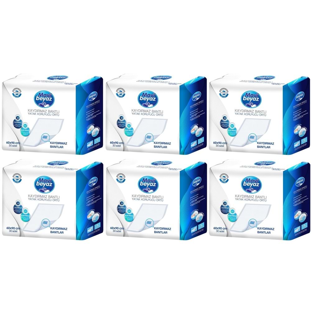 Mavi Beyaz Yetişkin Alt Açma Yatak Koruyucu Örtü 60*90CM 180 Adet (6Pk*30) Kaydırmaz Bantlı