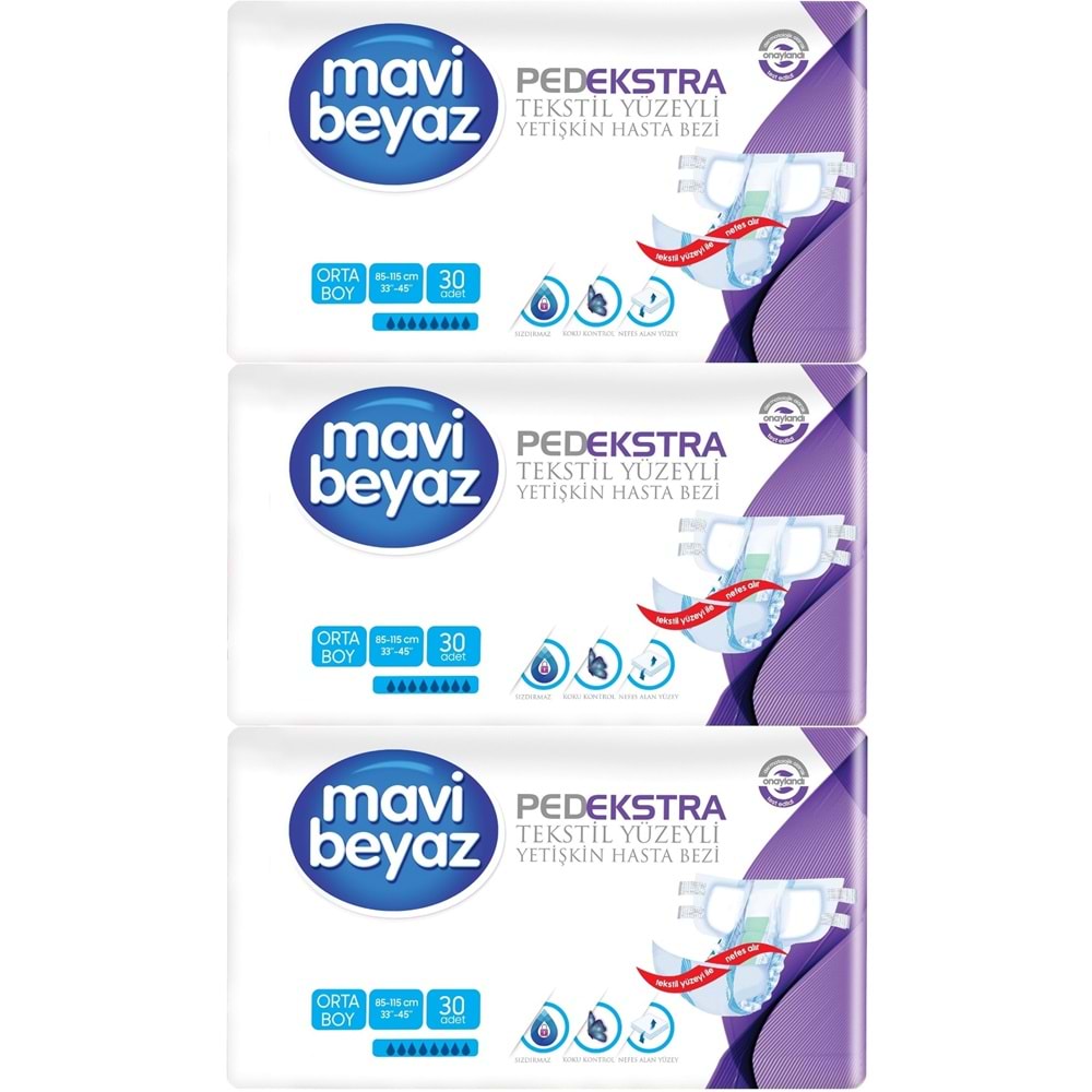Mavi Beyaz Ped Ekstra Tekstil Yüzeyli Bel Bantlı Yetişkin Bezi M - Medium - Orta 90 Adet