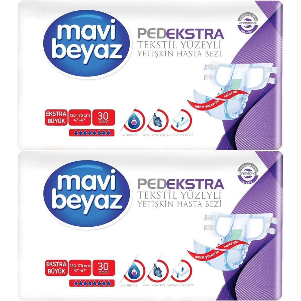 Mavi Beyaz Ped Ekstra Tekstil Yüzeyli Bel Bantlı Yetişkin Bezi XL -Extra Large -Ekstra Büyük 60 Adet