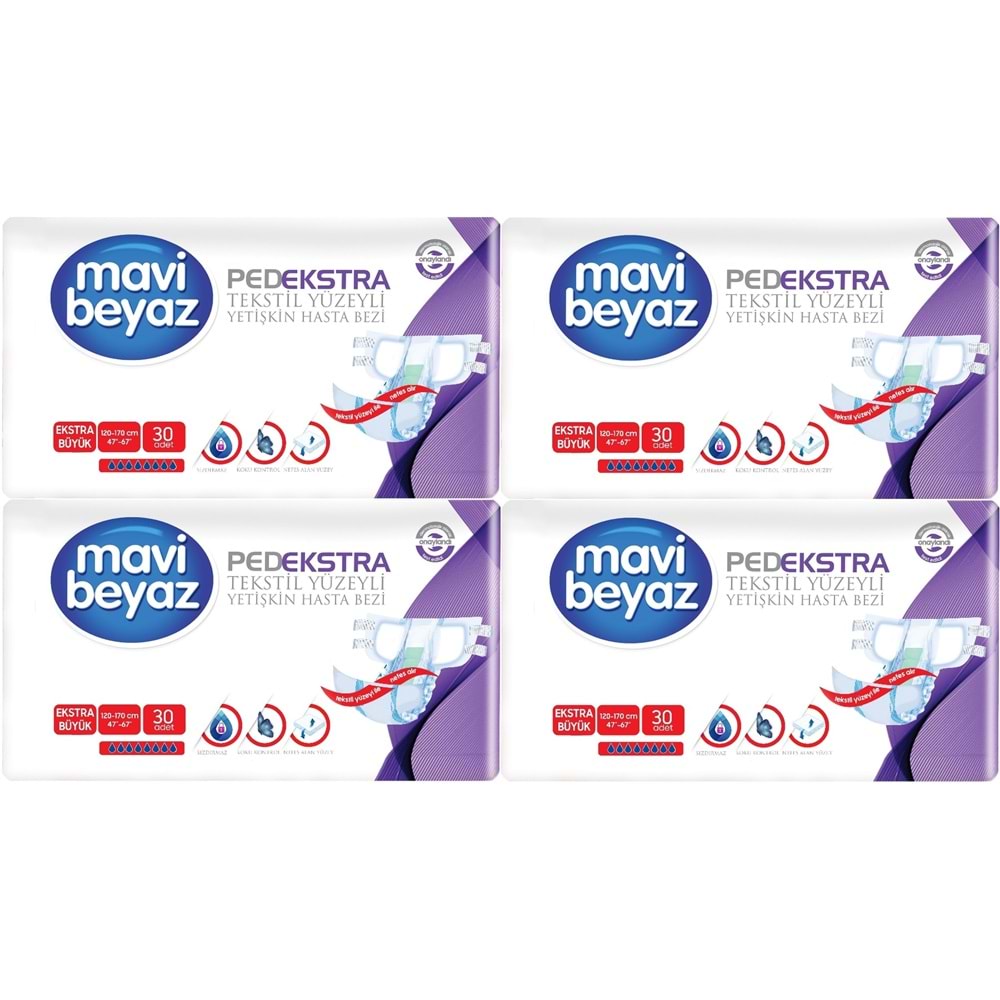 Mavi Beyaz Ped Ekstra Tekstil Yüzeyli Bel Bantlı Yetişkin Bezi XL -Extra Large -Ekstra Büyük 120 Adt