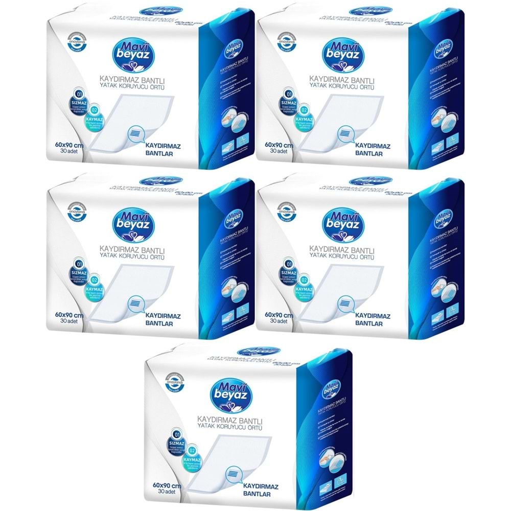 Mavi Beyaz Yetişkin Alt Açma Yatak Koruyucu Örtü 60*90CM 150 Adet (5PK*30) Kaydırmaz Bantlı