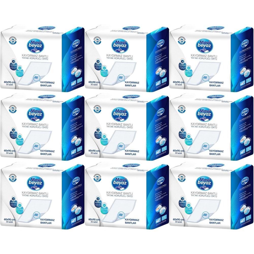 Mavi Beyaz Yetişkin Alt Açma Yatak Koruyucu Örtü 60*90CM 270 Adet (9PK*30) Kaydırmaz Bantlı