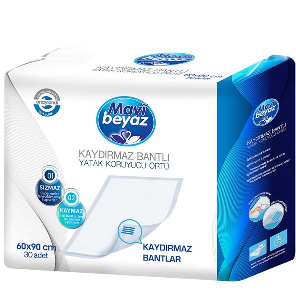 Mavi Beyaz Yetişkin Alt Açma Yatak Koruyucu Örtü 60*90CM 360 Adet (12PK*30) Kaydırmaz Bantlı