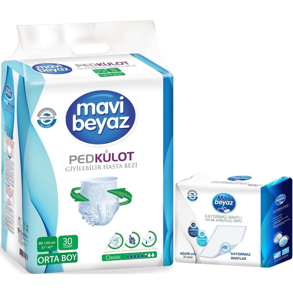 Mavi Beyaz Ped Emici Külot Yetişkin Bezi M -Medium Orta 30 Adet + Yatak Koruyucu Örtü 60*90CM 30 Adt