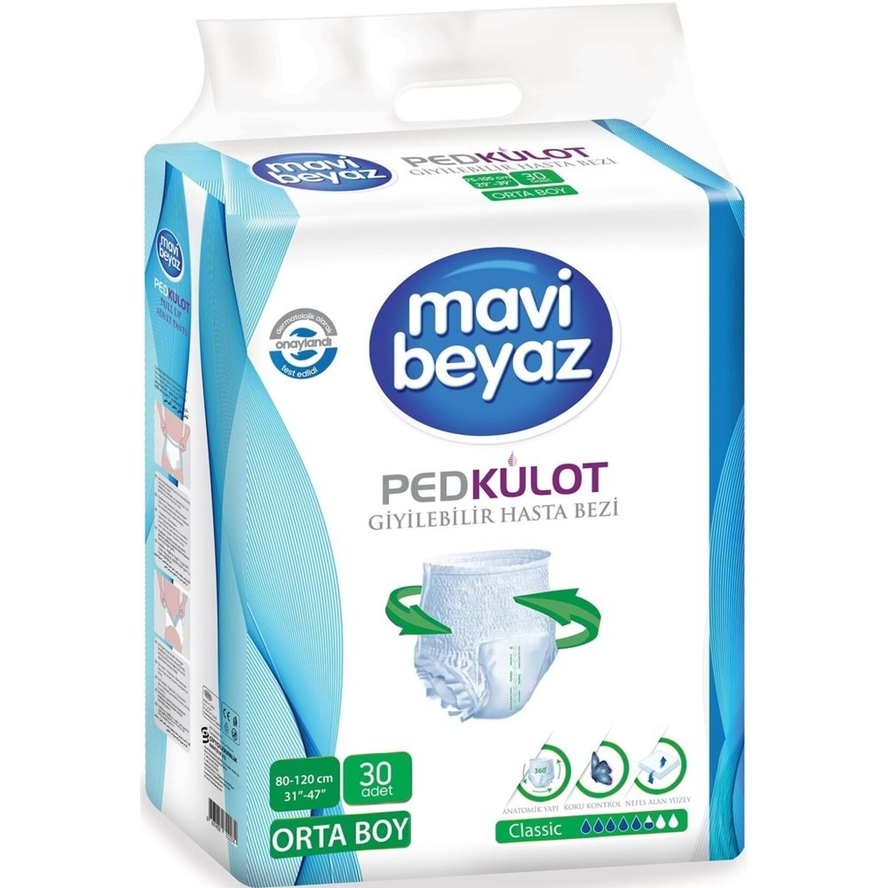 Mavi Beyaz Ped Emici Külot Yetişkin Bezi M -Medium Orta 30 Adet + Yatak Koruyucu Örtü 60*90CM 30 Adt
