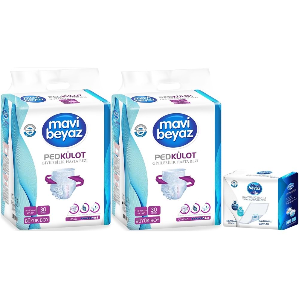 Mavi Beyaz Ped Emici Külot Yetişkin Bezi L -Large Büyük 60 Adet +Yatak Koruyucu Örtü 60x90CM 30 Adet