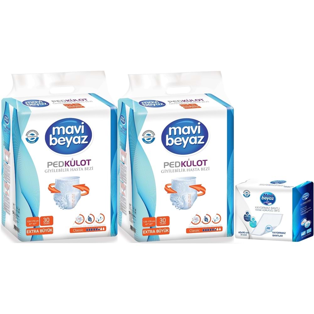 Mavi Beyaz Ped Emici Külot Yetişkin Bezi XL-Ekstra Büyük 60 Adet + Yatak Koruyucu Örtü 60*90CM 30 Adet