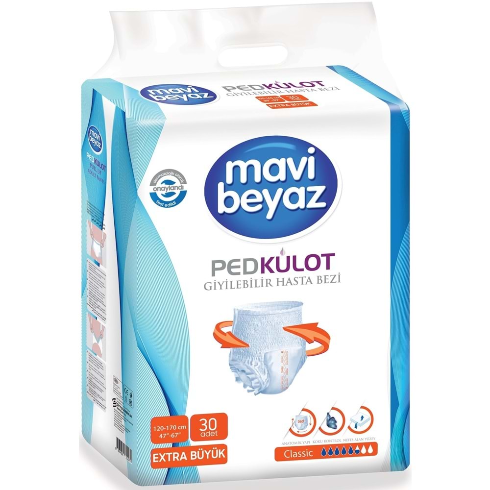 Mavi Beyaz Ped Emici Külot Yetişkin Bezi XL-Ekstra Büyük 120 Adet + Yatak Koruyucu Örtü 60*90CM 60Adet