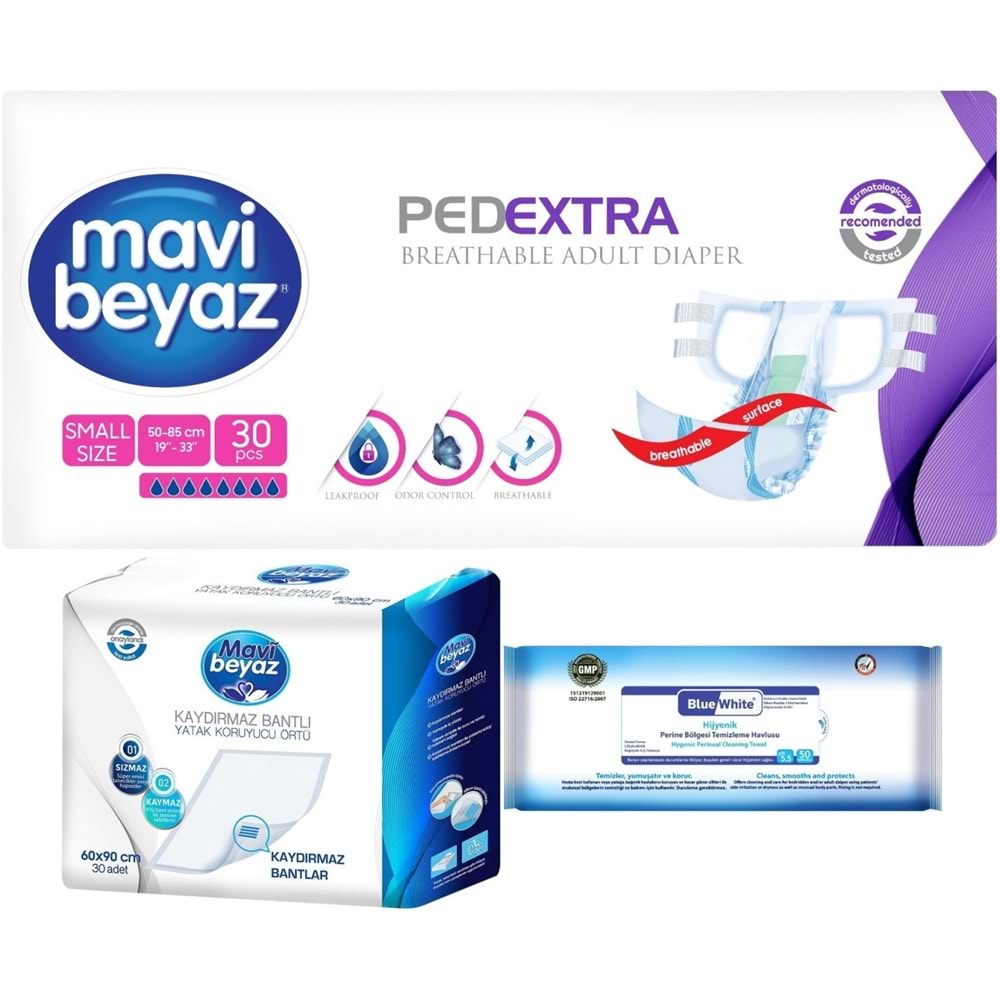 Mavi Beyaz Ped Ekstra Tekstil Yüzeyli Bel Bantlı Yetişkin Bezi S 30 Adet + Yatak Korucu + Havlu