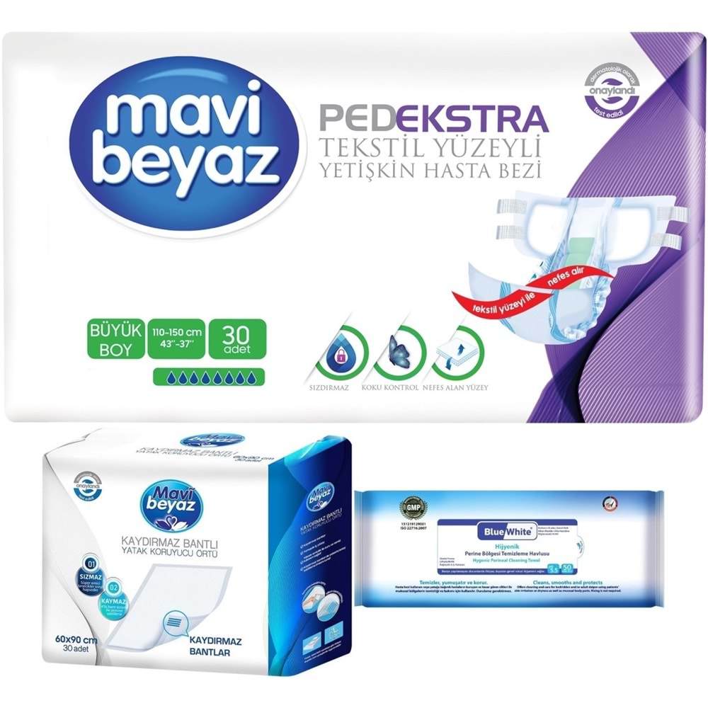 Mavi Beyaz Ped Ekstra Tekstil Yüzeyli Bel Bantlı Yetişkin Bezi L 30 Adet+ Yatak Korucu + Havlu