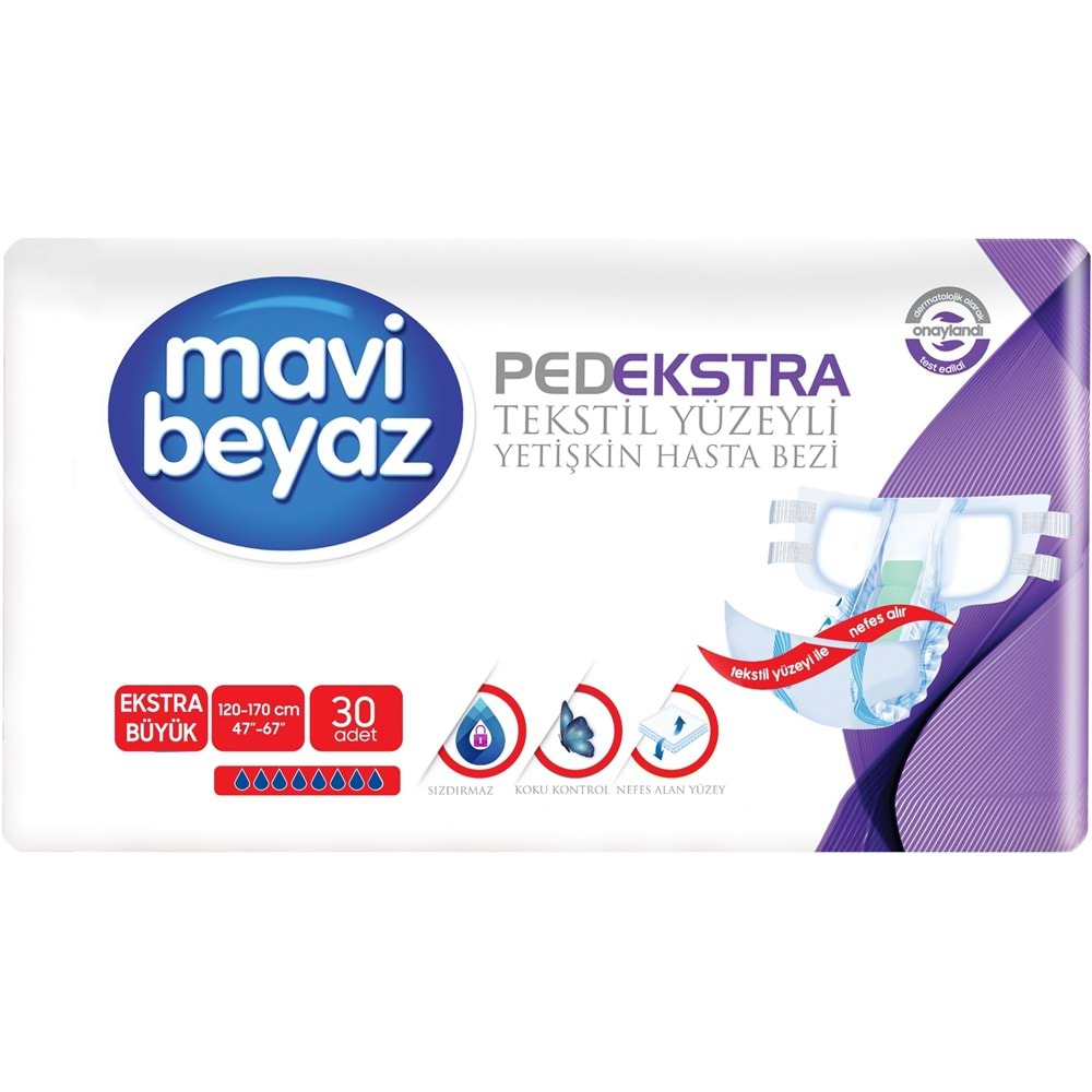 Mavi Beyaz Ped Ekstra Tekstil Yüzeyli Bel Bantlı Yetişkin Bezi XL 30 Adet + Yatak Korucu + Havlu