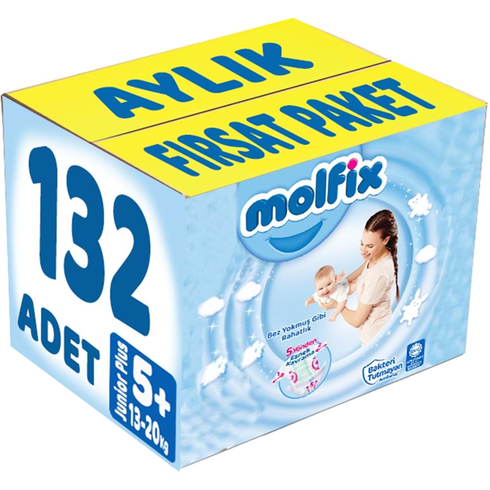 Molfix Bebek Bezi 5+ Beden 13-20 KG Junior Plus 132 Adet Aylık Fırsat Pk