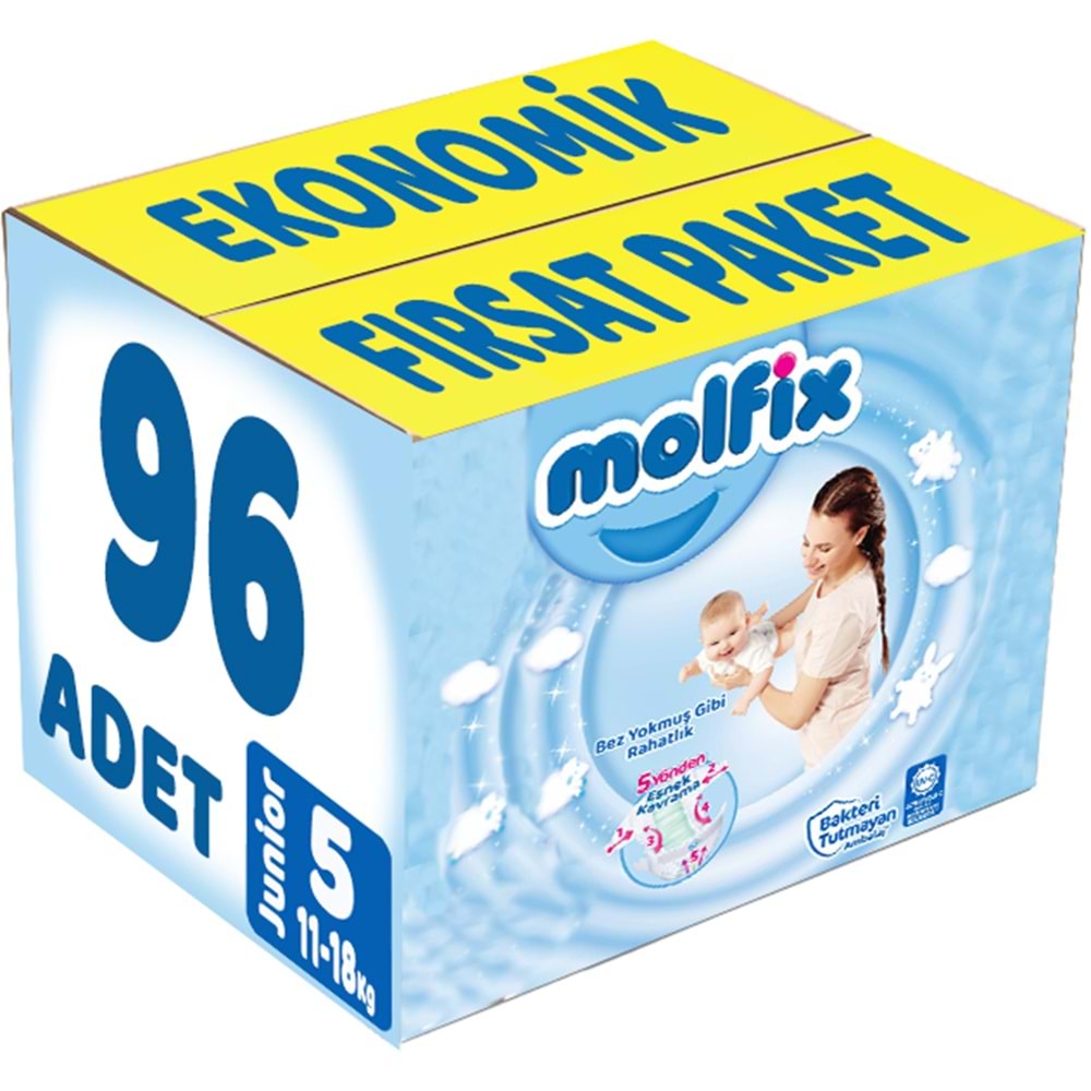Molfix Bebek Bezi 5 Beden 11-18 KG Junior 96 Adet Ekonomik Fırsat Pk