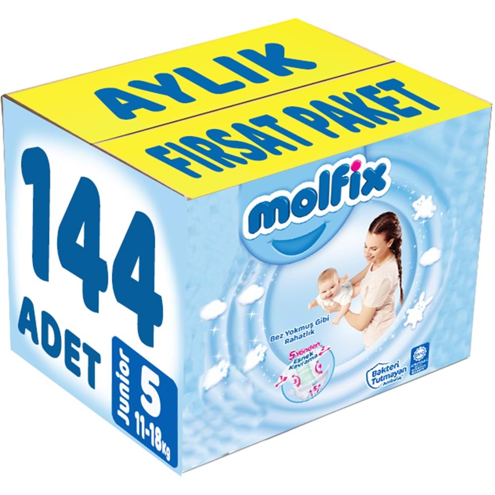 Molfix Bebek Bezi 5 Beden 11-18 KG Junior 144 Adet Aylık Fırsat Pk