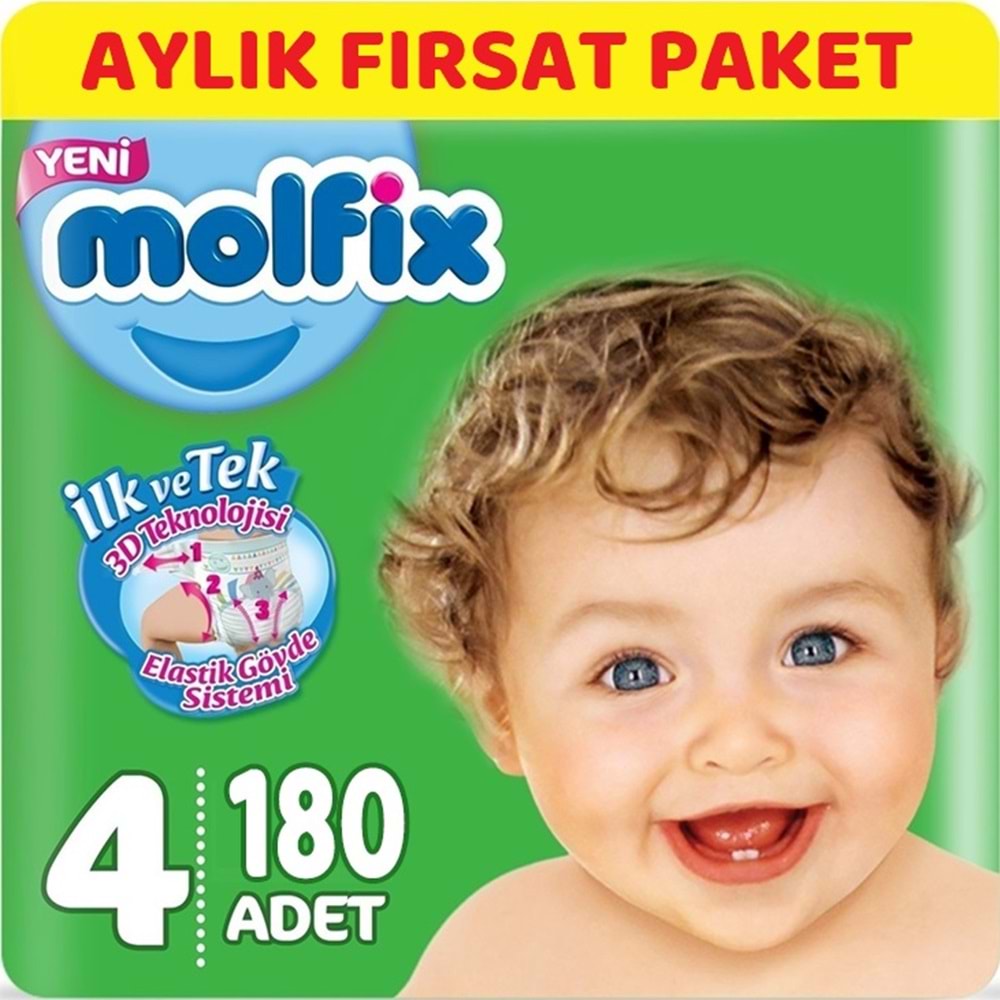 Molfix Bebek Bezi 4 Beden 7-14 KG Maxi 186 Adet Aylık Fırsat Pk + 9 Adet Islak Havlu