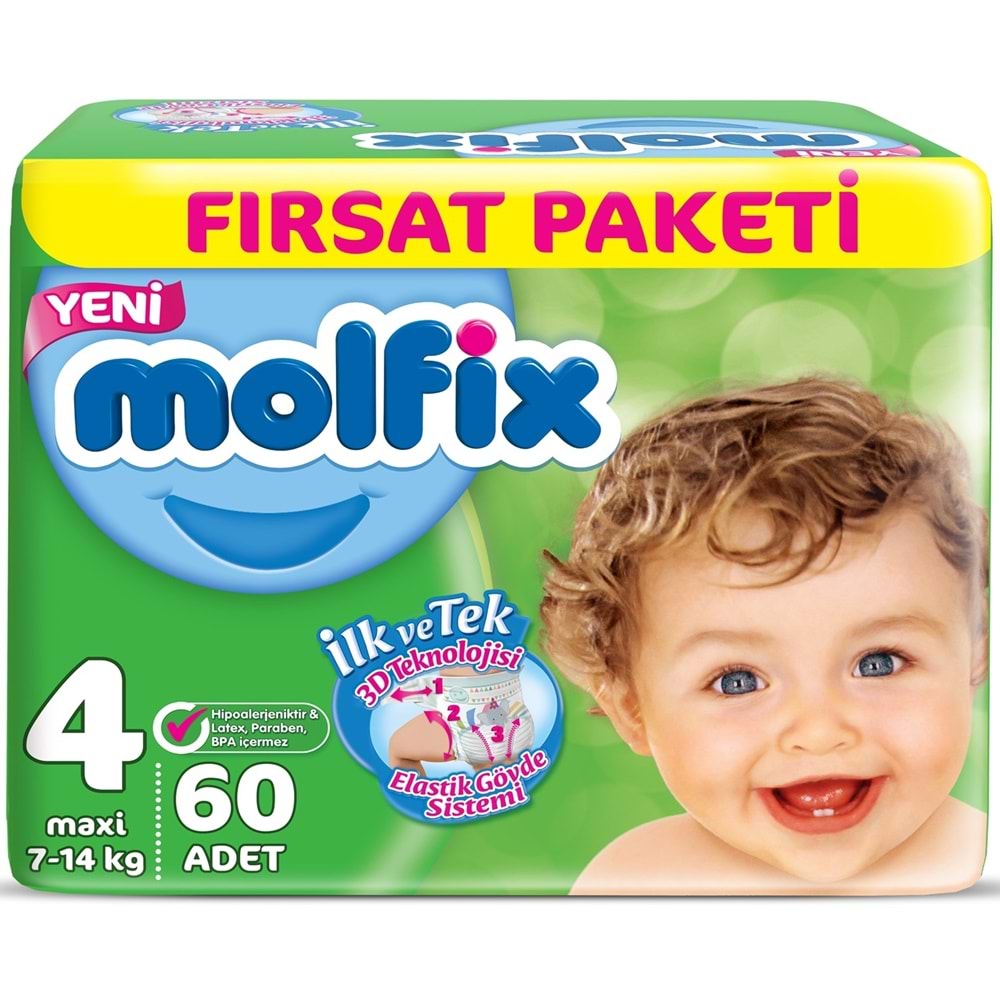 Molfix Bebek Bezi 4 Beden 7-14 KG Maxi 186 Adet Aylık Fırsat Pk + 9 Adet Islak Havlu