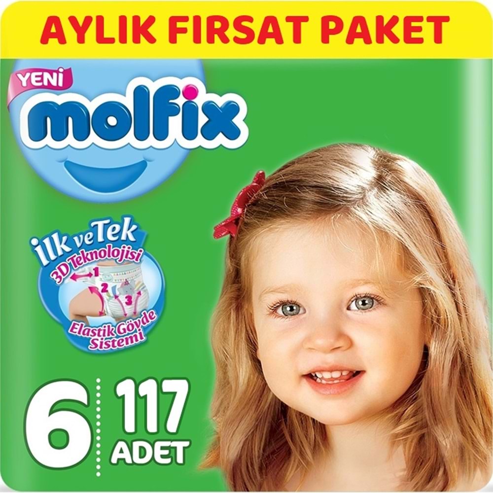 Molfix Bebek Bezi 6 Beden 15+ KG Extra Large 117 Adet Aylık Fırsat Pk + 9 Adet Islak Havlu