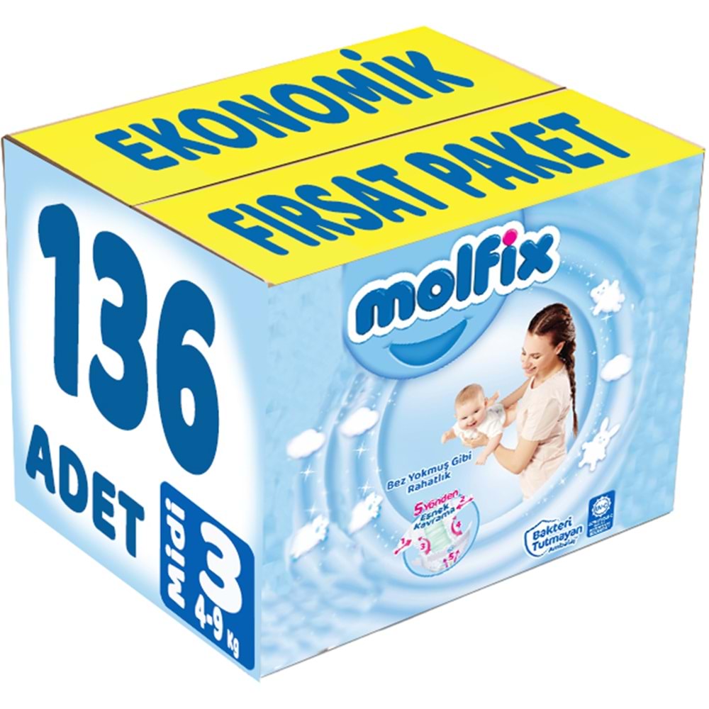 Molfix Bebek Bezi 3 Beden 4-9 KG Midi 136 Adet Ekonomik Fırsat Pk