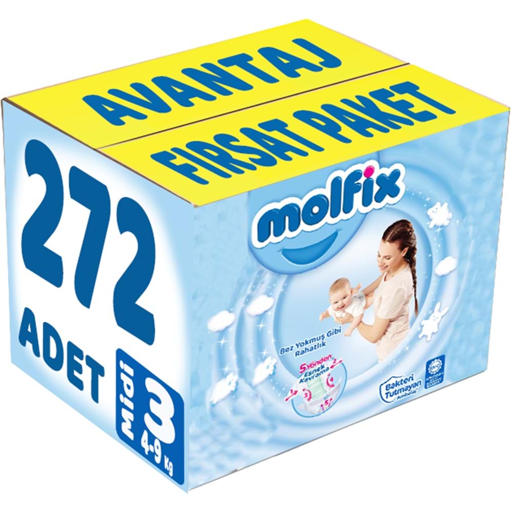 Molfix Bebek Bezi 3 Beden 4-9 KG Midi 272 Adet Avantaj Fırsat Pk