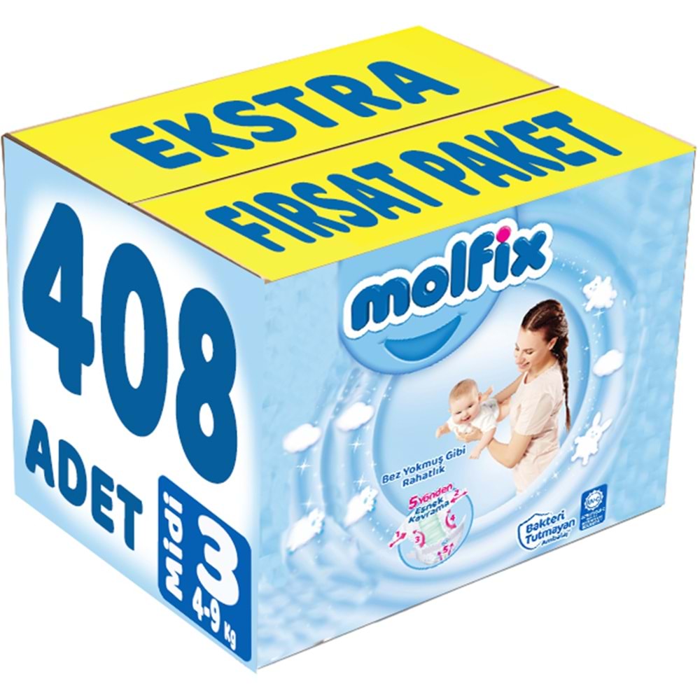 Molfix Bebek Bezi 3 Beden 4-9 KG Midi 408 Adet Ekstra Fırsat Pk