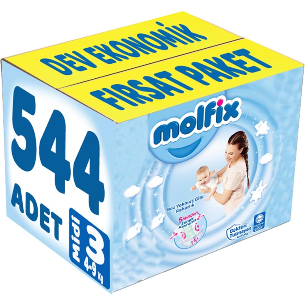 Molfix Bebek Bezi 3 Beden 4-9 KG Midi 544 Adet Dev Ekonomik Fırsat Pk