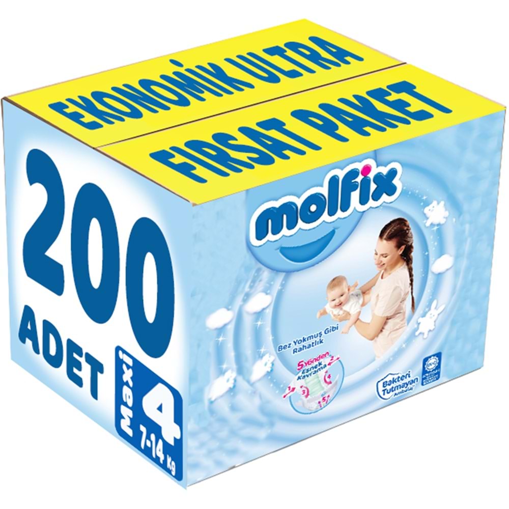 Molfix Bebek Bezi 4 Beden 7-14 KG Maxi 200 Adet Ekonomik Ultra Fırsat Pk