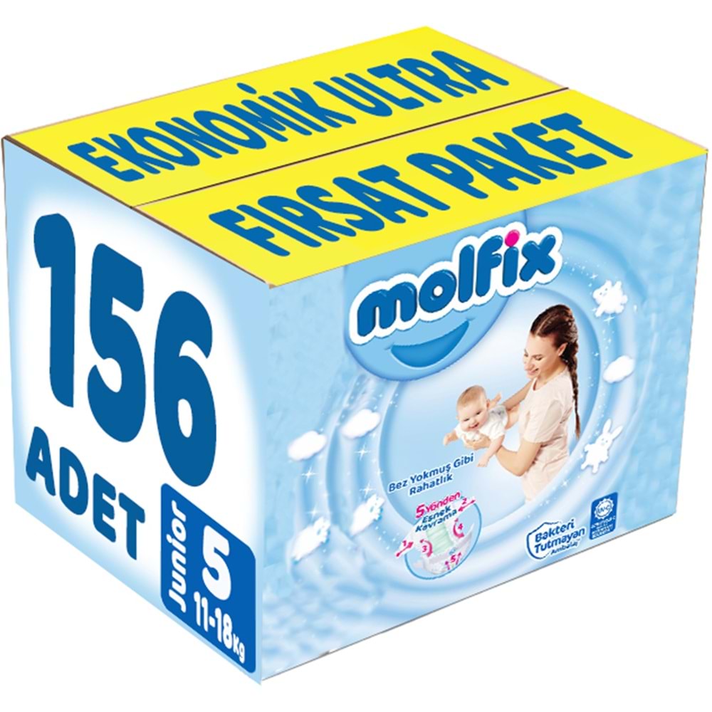 Molfix Bebek Bezi 5 Beden 11-18 KG Junior 156 Adet Ekonomik Ultra Fırsat Pk