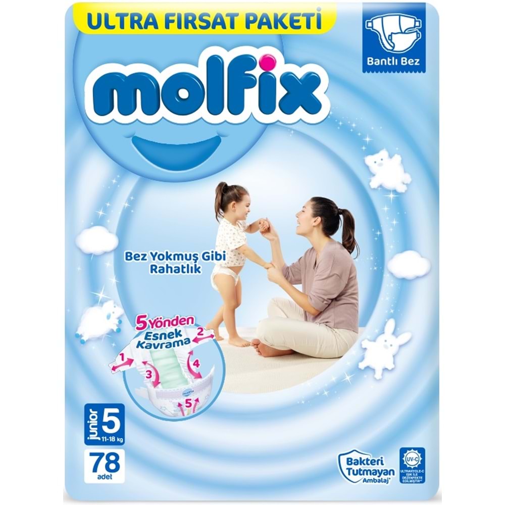Molfix Bebek Bezi 5 Beden 11-18 KG Junior 156 Adet Ekonomik Ultra Fırsat Pk