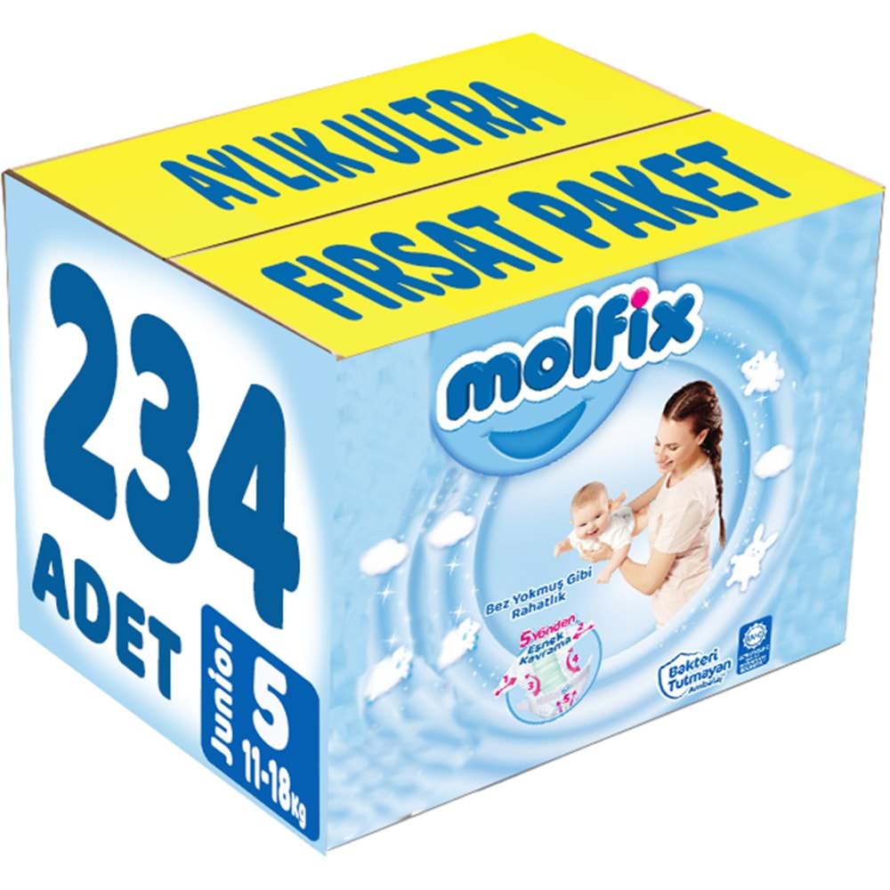 Molfix Bebek Bezi 5 Beden 11-18 KG Junior 234 Adet Aylık Ultra Fırsat Pk