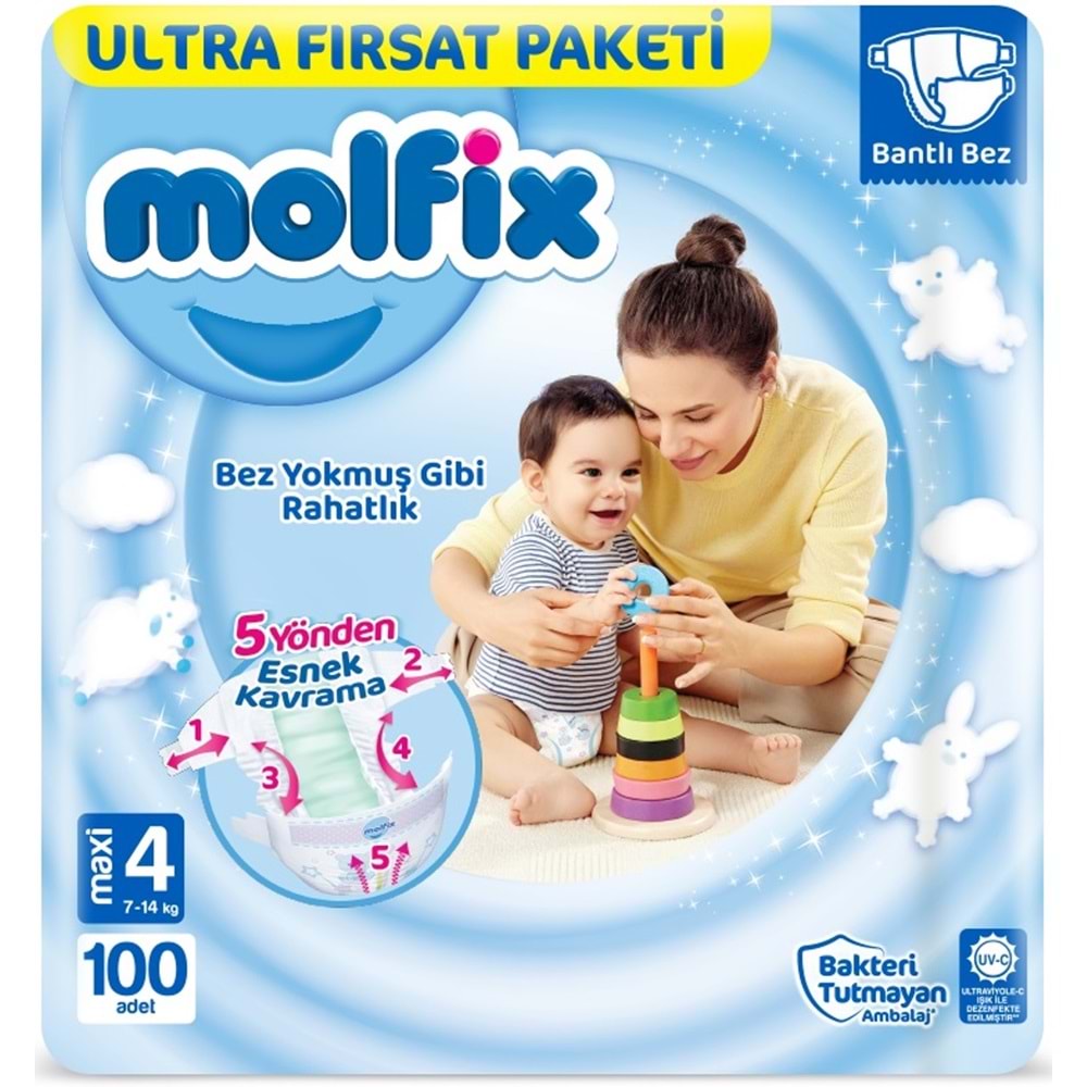 Molfix Bebek Bezi 4 Beden 7-14 KG Maxi 100 Adet Ultra Fırsat Pk+3 Adet Islak Mendil