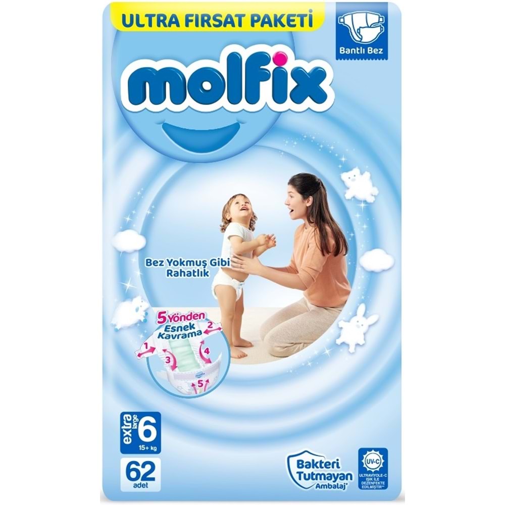 Molfix Bebek Bezi 6 Beden 15+ KG Extra Large 124 Adet Ekonomik Ultra Fırsat Pk+6 Adet Islak Mendil