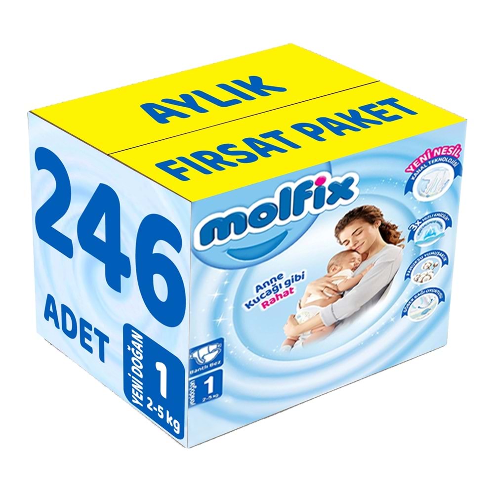 Molfix Bebek Bezi 1 Beden 2-5 KG Yeni Doğan 246 Adet Aylık Fırsat Pk