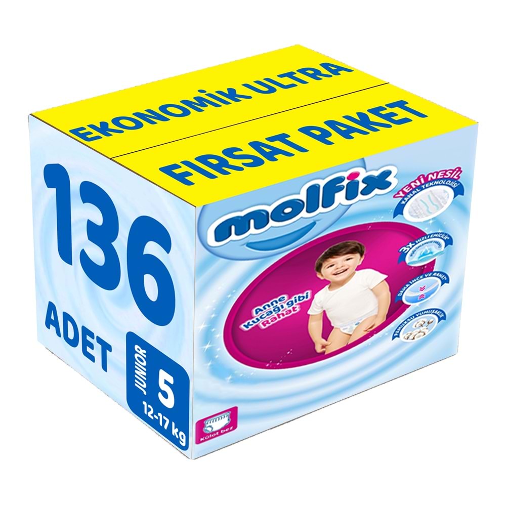 Molfix Külot Bebek Bezi 5 Beden 12-17 KG Junior 136 Adet Ekonomik Ultra Fırsat Pk