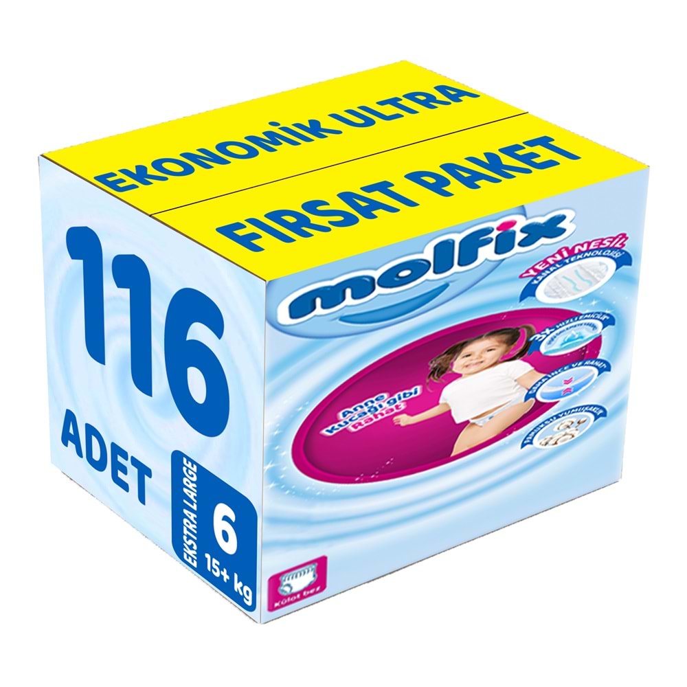Molfix Külot Bebek Bezi 6 Beden 15+ KG Extra Large 116 Adet Ekonomik Ultra Fırsat Pk