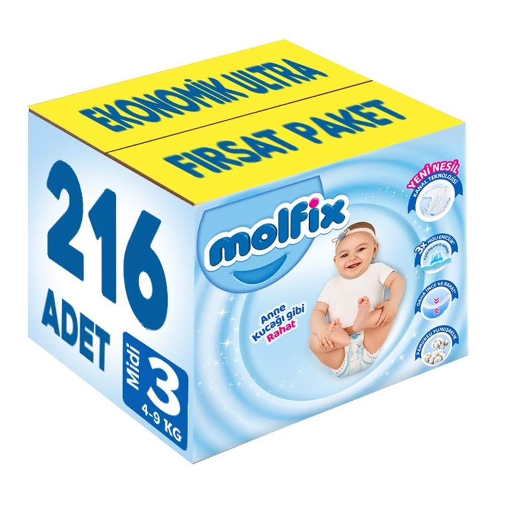 Molfix Bebek Bezi 3 Beden 4-9 KG Midi 216 Adet Ekonomik Ultra Fırsat Pk