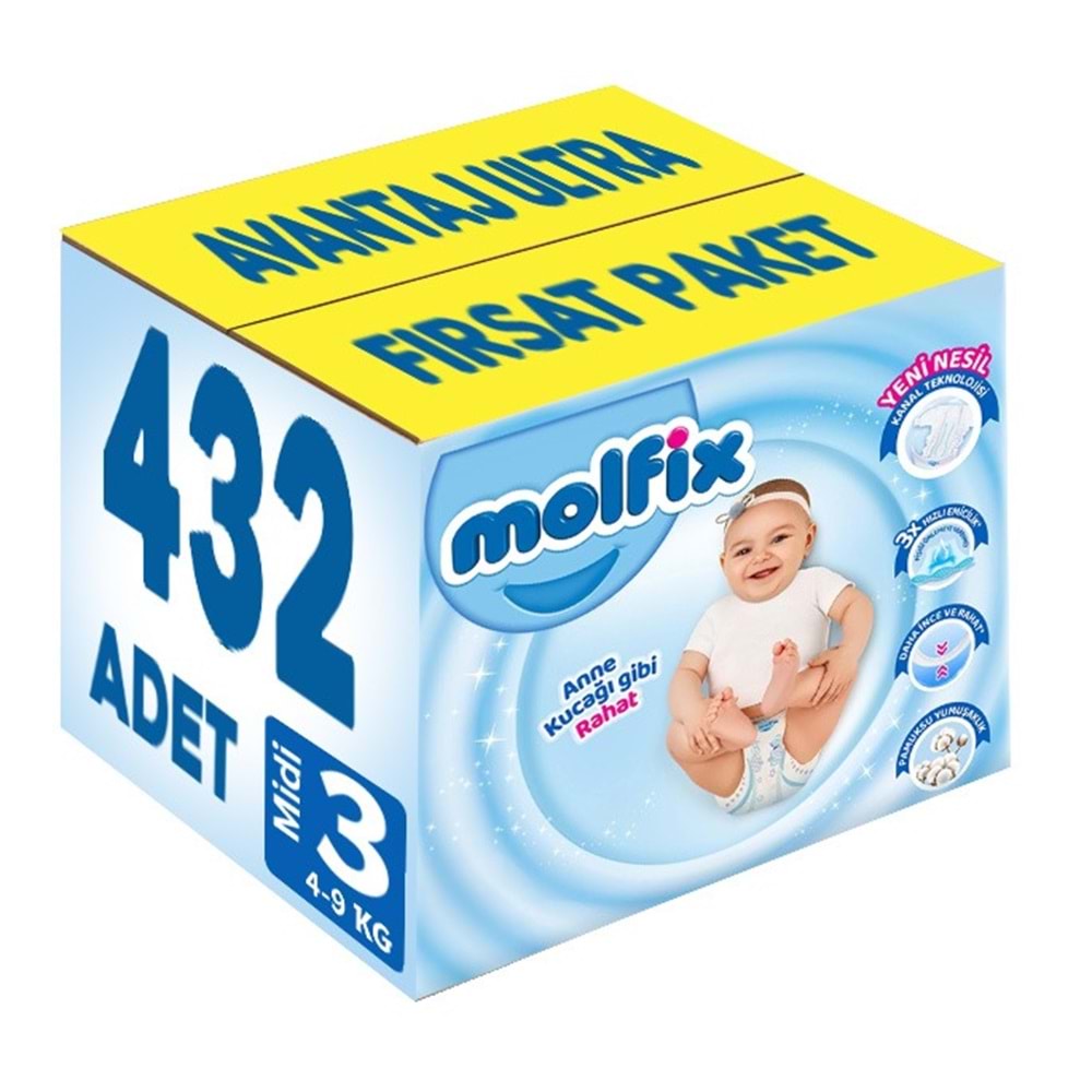 Molfix Bebek Bezi 3 Beden 4-9 KG Midi 432 Adet Avantaj Ultra Fırsat Pk