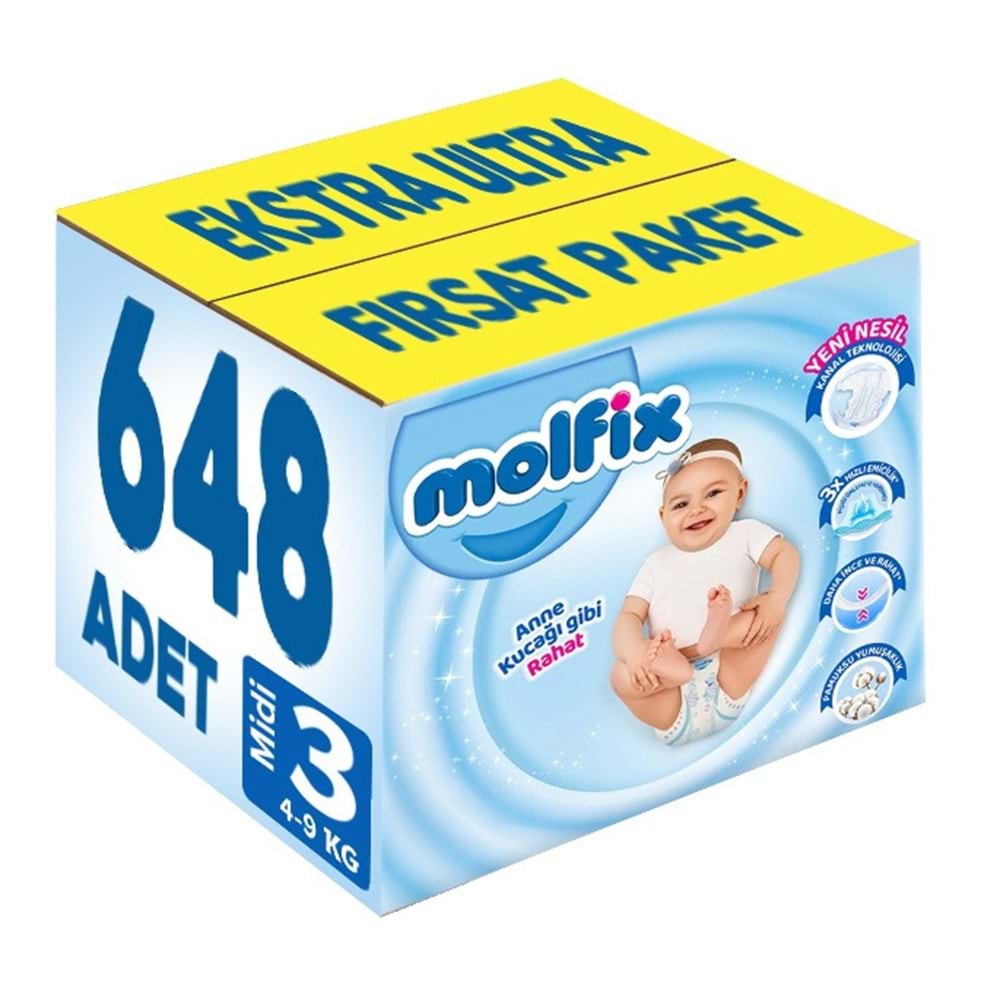Molfix Bebek Bezi 3 Beden 4-9 KG Midi 648 Adet Ekstra Ultra Fırsat Pk