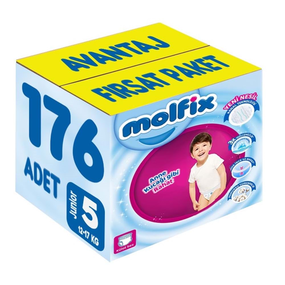 Molfix Külot Bebek Bezi 5 Beden 12-17 KG Junior 176 Adet Avantaj Fırsat Pk