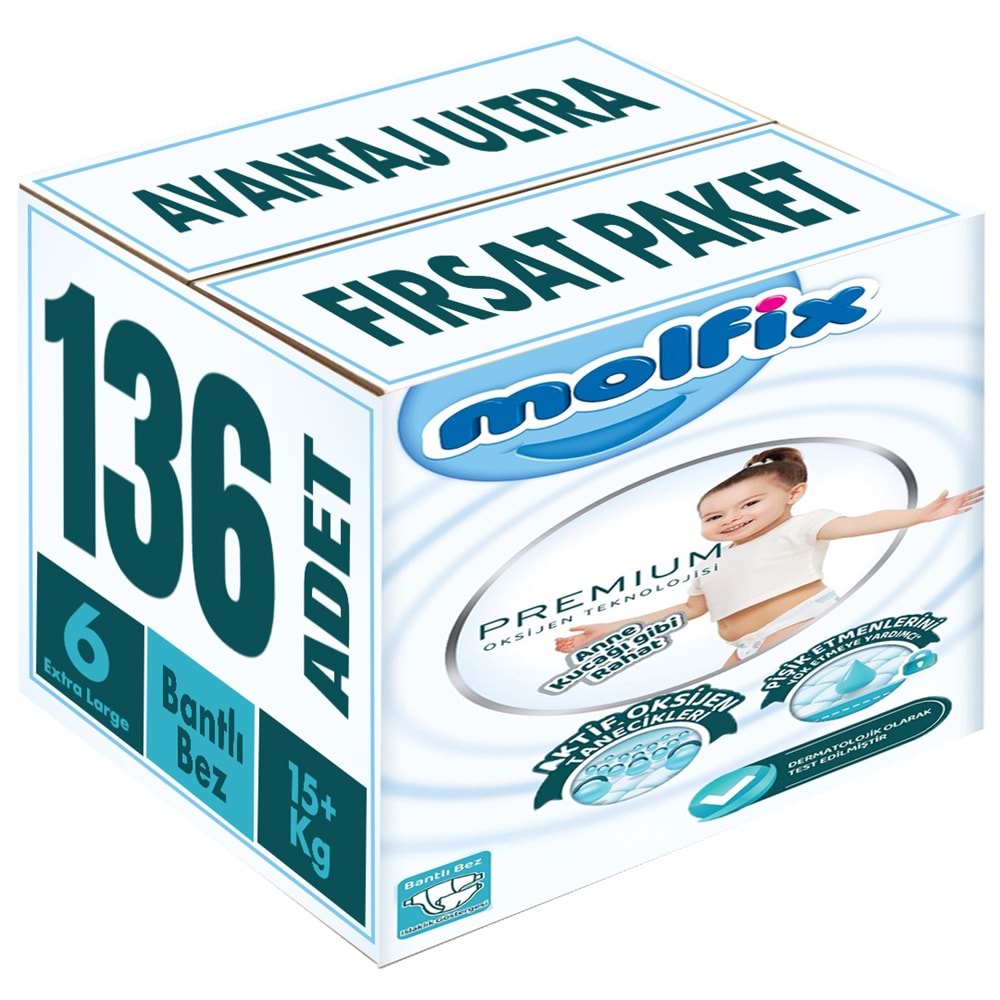 Molfix Premium Bebek Bezi 6 Beden 15+ KG Extra Large 136 Adet Avantaj Ultra Fırsat Pk