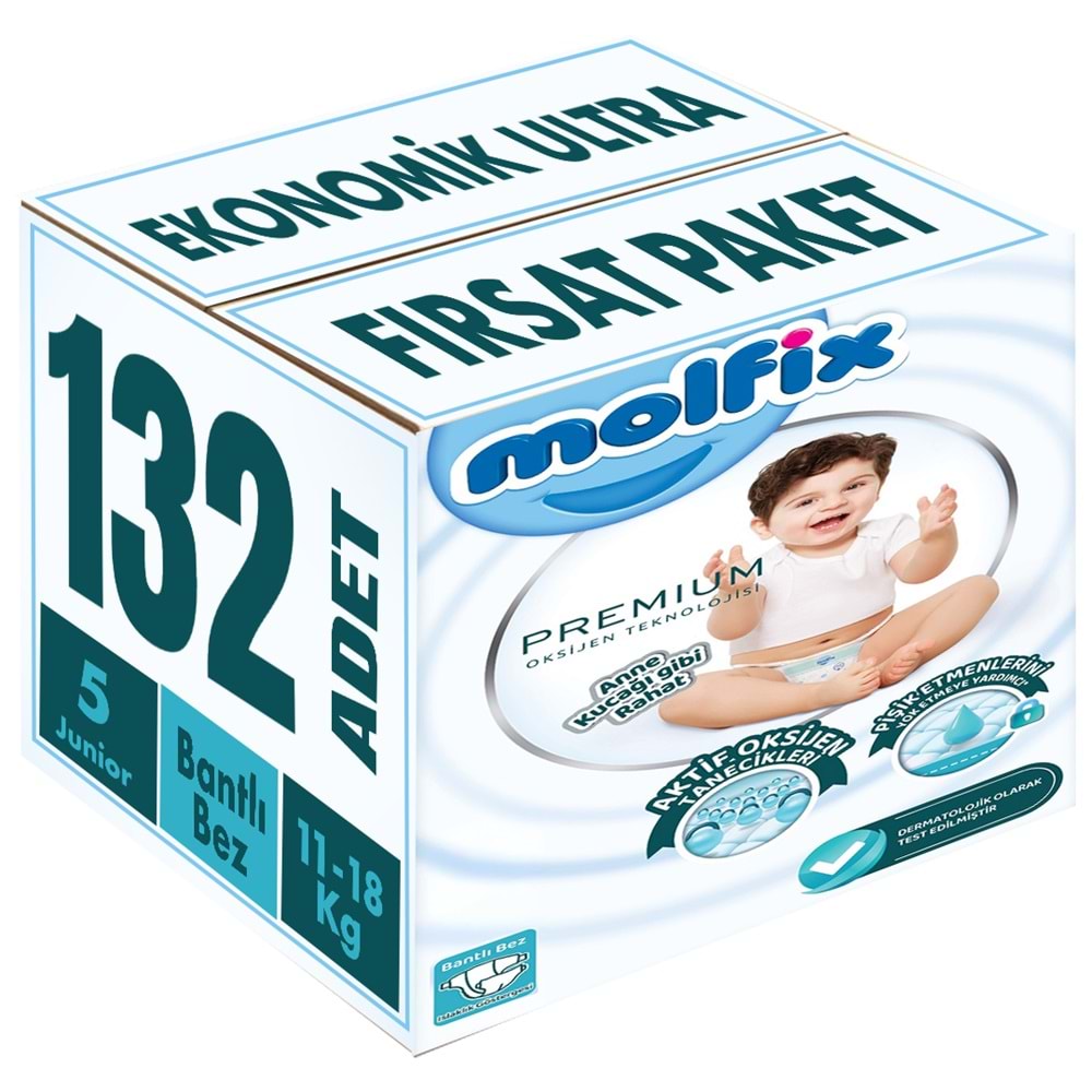 Molfix Premium Bebek Bezi 5 Beden 11-18 KG Junior 132 Adet Ekonomik Ultra Fırsat Pk