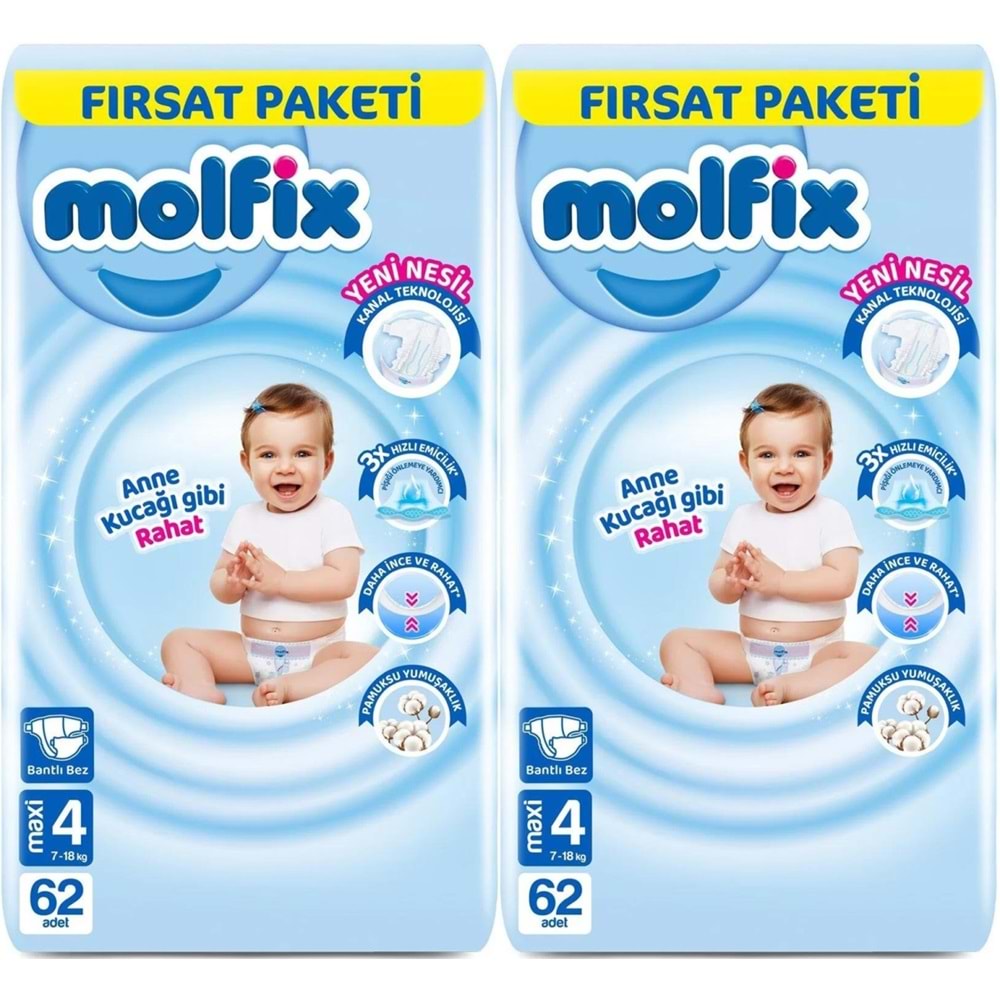 Molfix Bebek Bezi 4 Beden 7-14 KG Maxi 124 Adet Ekonomik Fırsat Pk