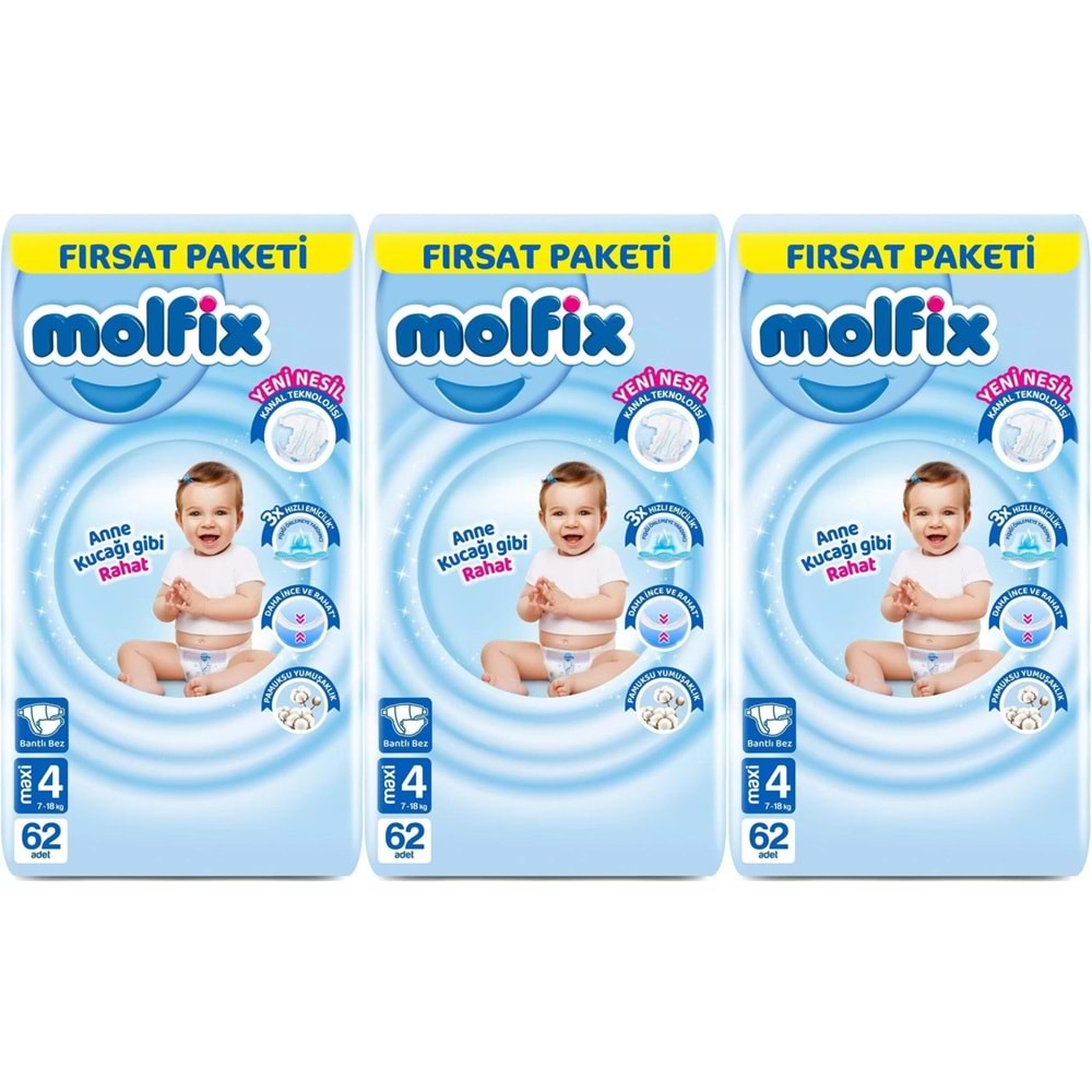 Molfix Bebek Bezi 4 Beden 7-14 KG Maxi 186 Adet Aylık Fırsat Pk