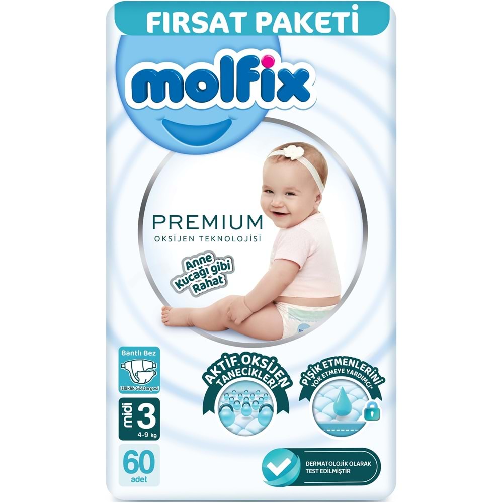 Molfix Premium Bebek Bezi 3 Beden 4-9 KG Midi 180 Adet Fırsat Pk + 6 Adet Islak Mendil