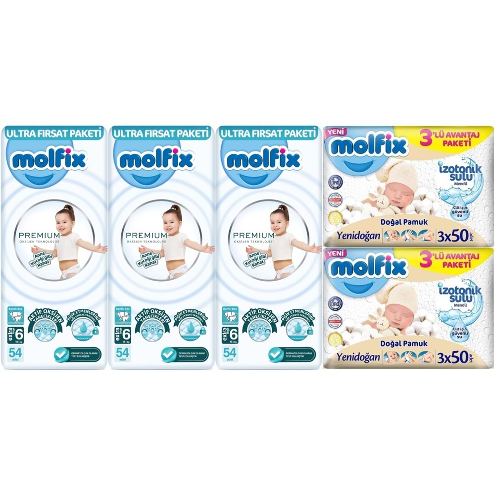 Molfix Premium Bebek Bezi 6 Beden 15+ KG Extra Large 162 Adet Ultra Fırsat Pk + 6 Adet Islak Mendil