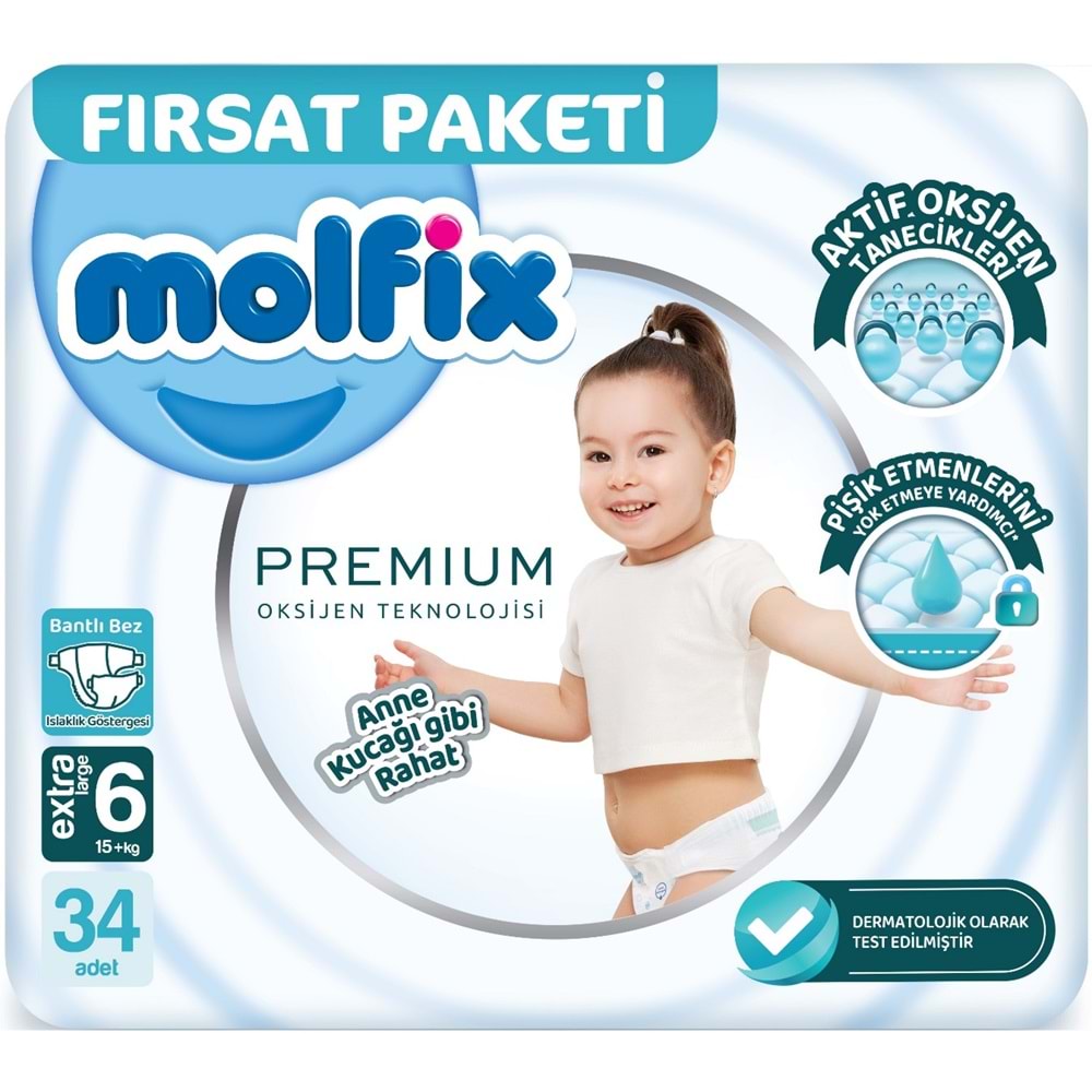 Molfix Premium Bebek Bezi 6 Beden 15+ KG Extra Large 34 Adet Fırsat Pk + 3 Adet Islak Mendil