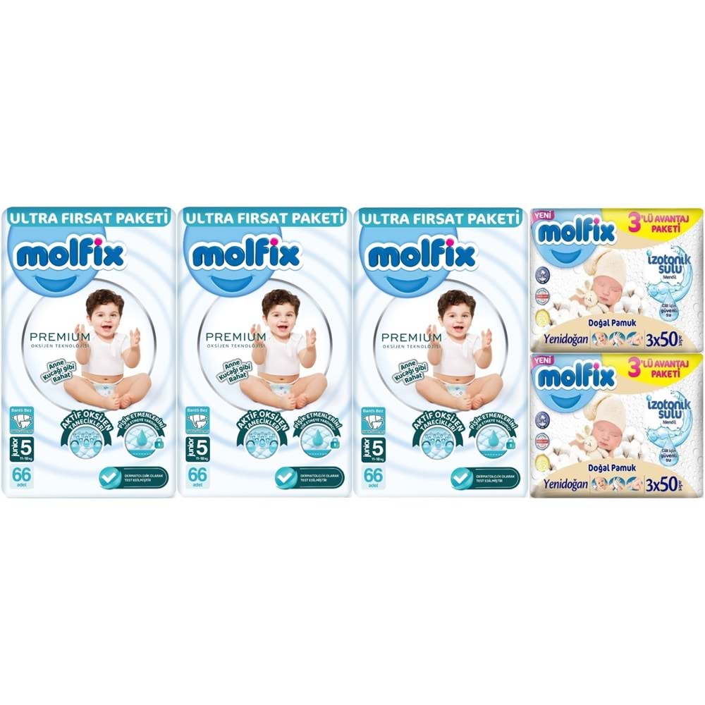 Molfix Premium Bebek Bezi 5 Beden 11-18 KG Junior 198 Adet Ultra Fırsat Pk + 6 Adet Islak Mendil