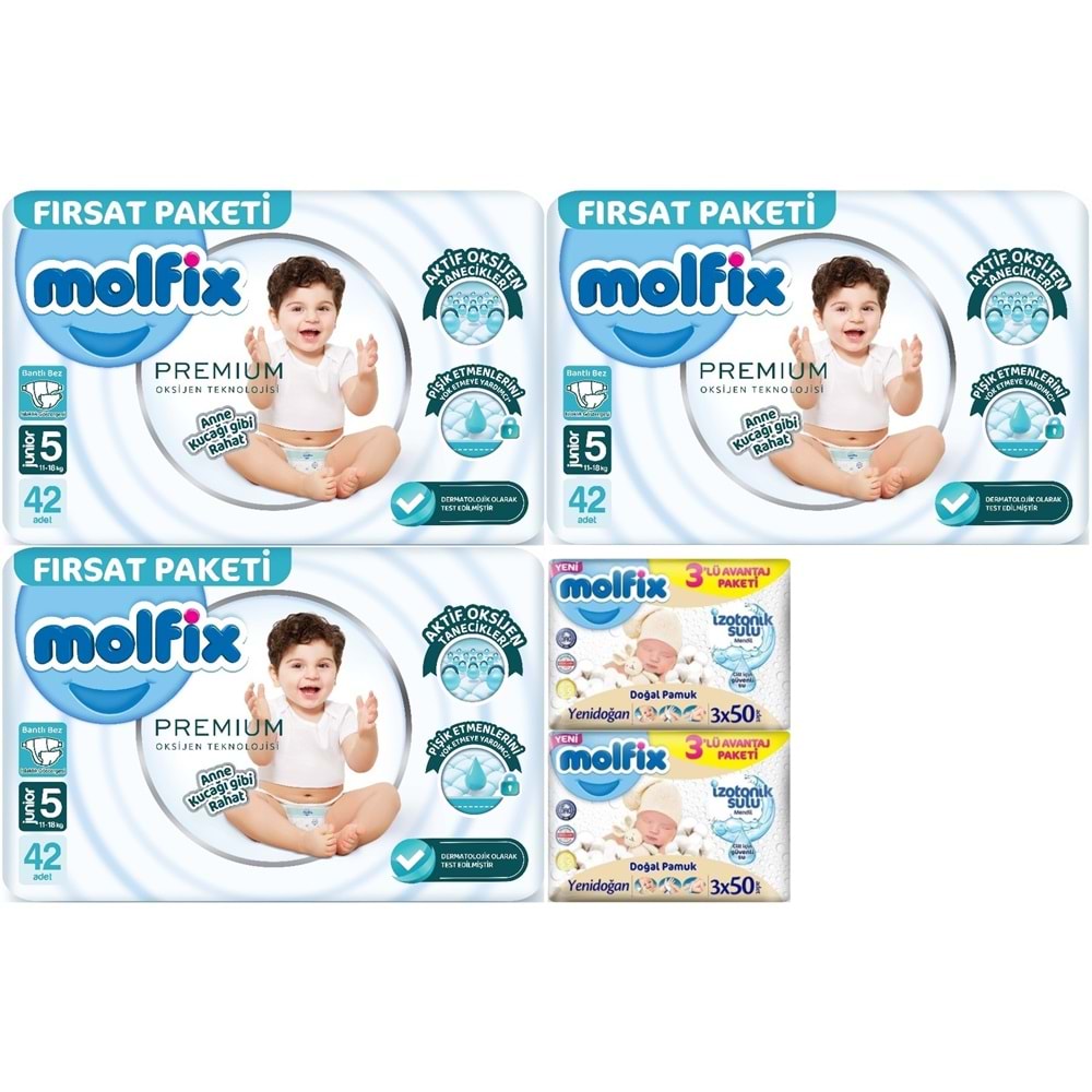 Molfix Premium Bebek Bezi 5 Beden 11-18 KG Junior 126 Adet Fırsat Pk + 6 Adet Islak Mendil