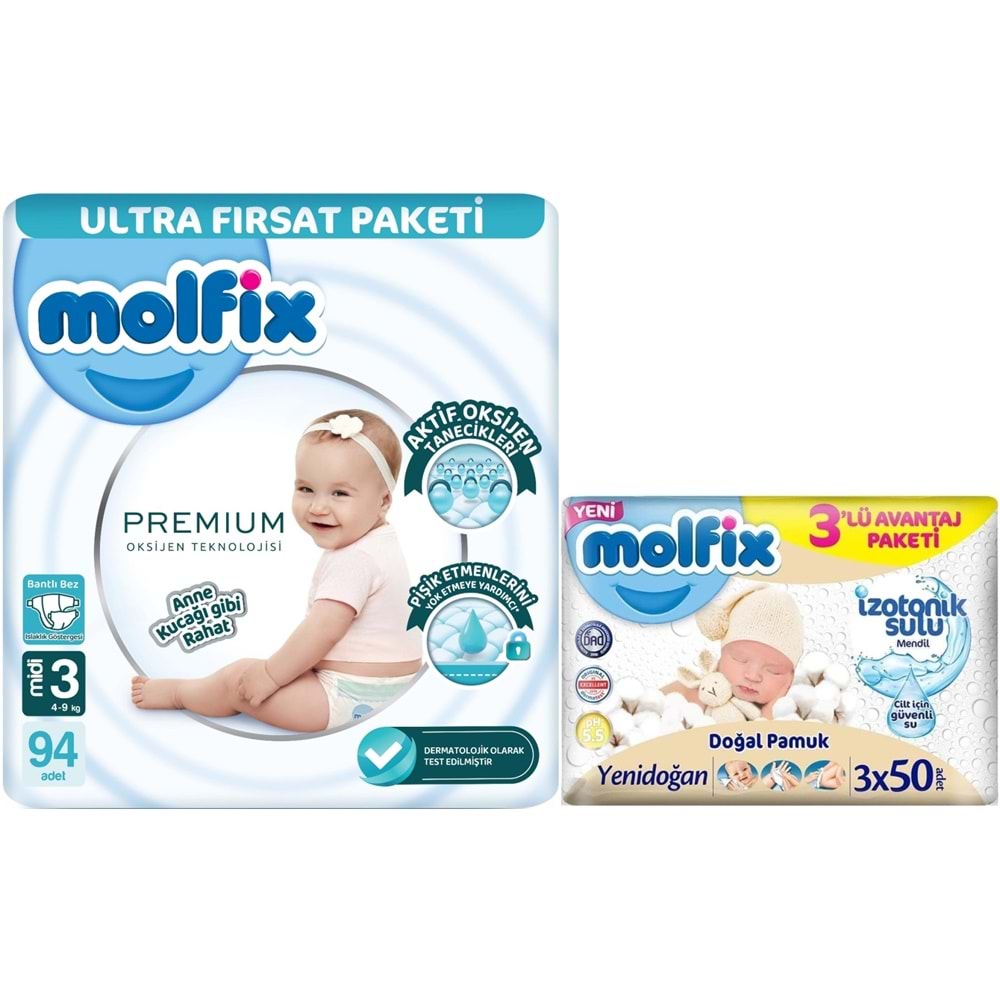 Molfix Premium Bebek Bezi 3 Beden 4-9 KG Midi 94 Adet Ultra Fırsat Pk + 3 Adet Islak Mendil
