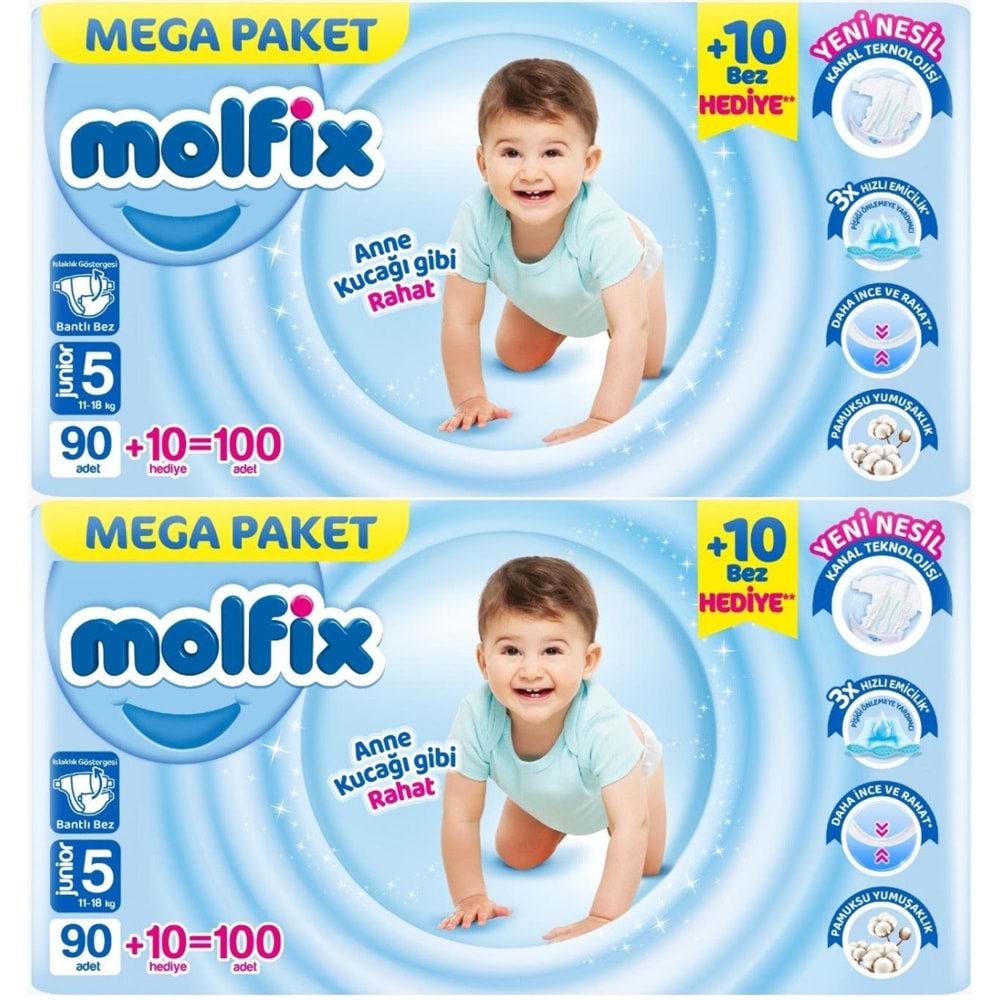 Molfix Bebek Bezi 5 Beden 11-18 KG Junior 200 Adet MeGa Ekonomik Fırsat Pk